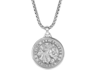 Stainless Steel St. Christopher Round Pendant with Box Chain